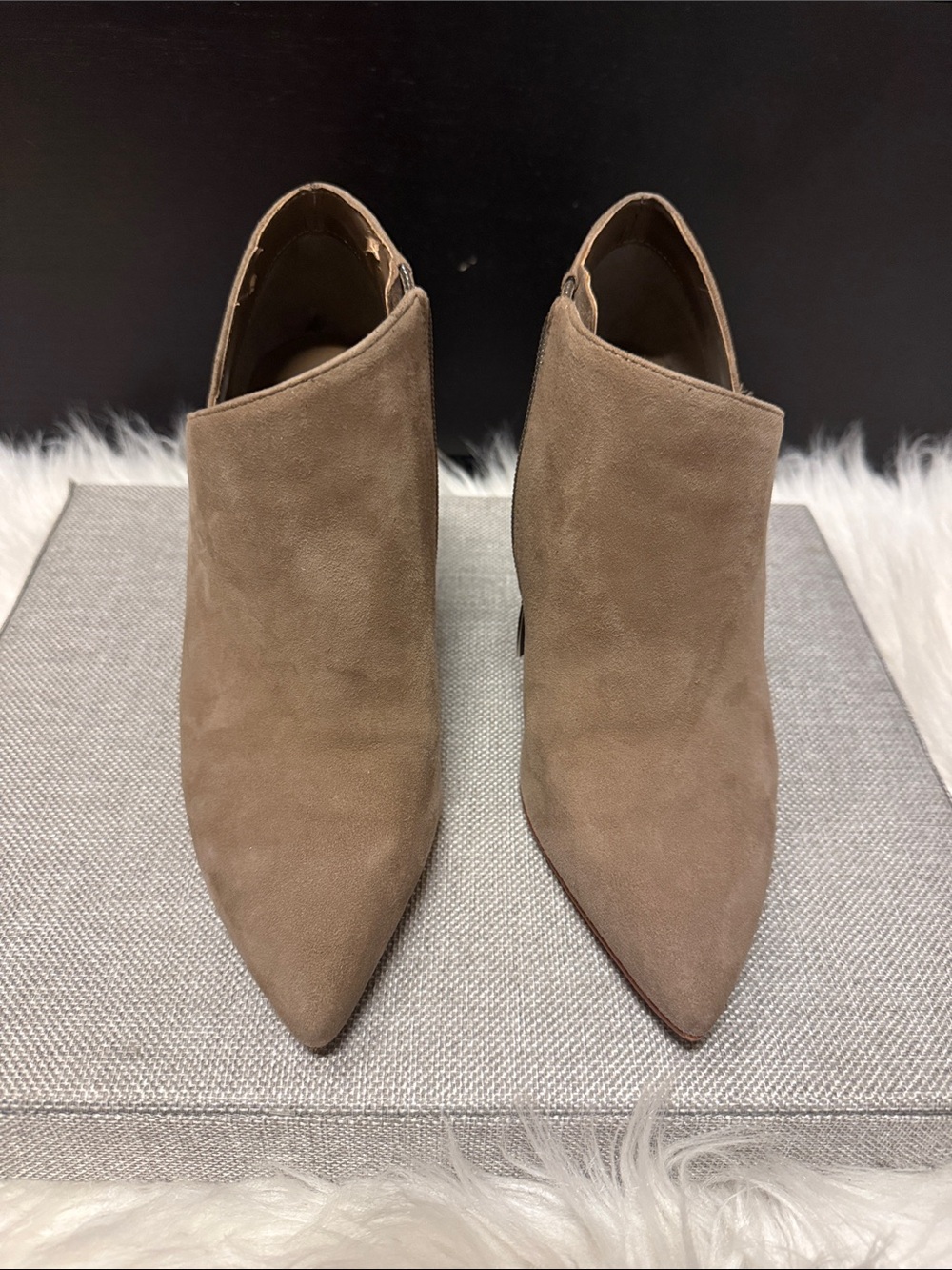 Vince Camuto Suede Pointed-Toe Women’s Ankle Booties in Taupe